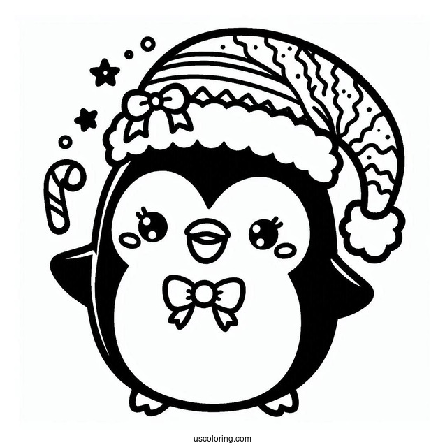 Kawaii Penguin Christmas Coloring Page