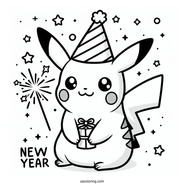Pikachu With A Party Hat And Sparklers On The New Year Coloring Page For Preschoolers