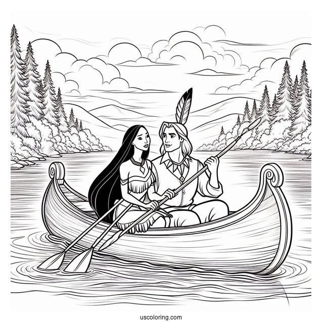 Pocahontas And John Smith On Canoe Coloring In