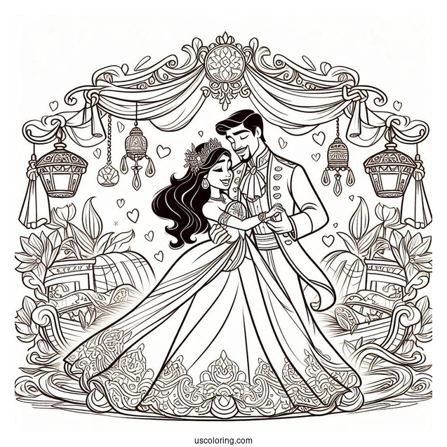 Easy Coloring Sheet Of Tiana And Naveen Wedding