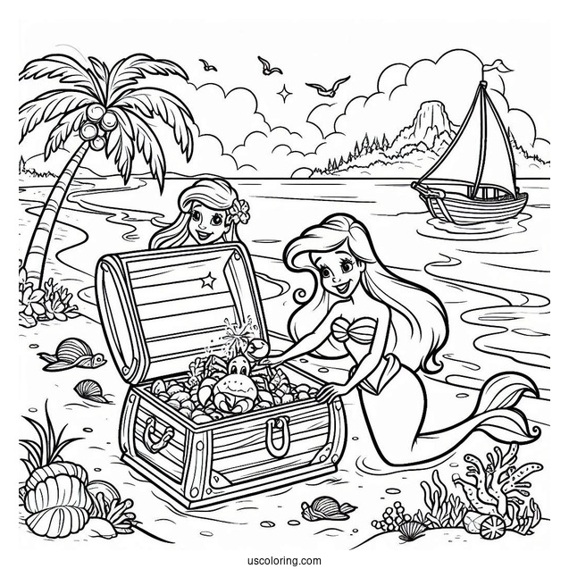 Treasure And Ariel Playing At The Beach Coloring Page