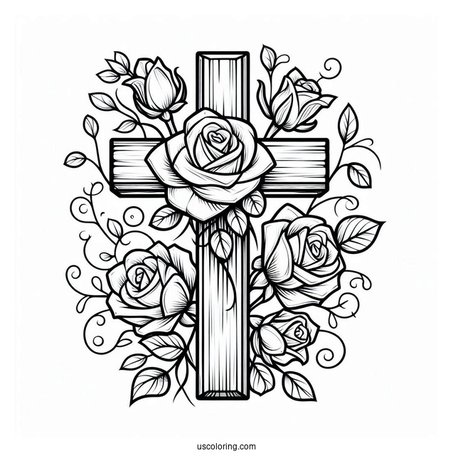 Wooden Cross With Roses To Color