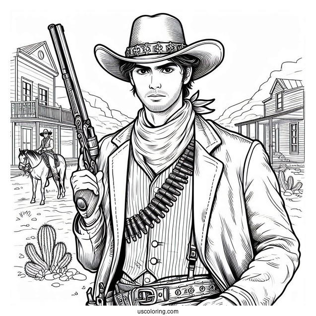 Cowboy Coloring Page Holding Gun In Old West Town