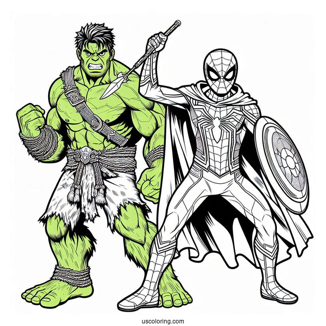 Spider Man Fighting Alongside Hulk Coloring Page For Kids