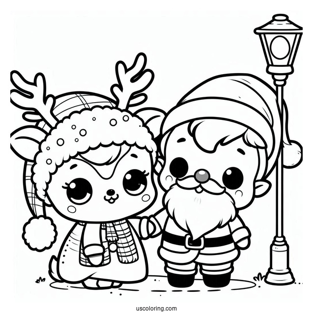 Chibi Rudolph Coloring Page And Santa Under A Lamppost For Preschoolers