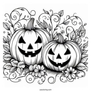 Pumpkin Coloring Page Two Jack O Lantern With Vines