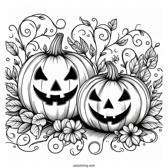 Pumpkin Coloring Page Two Jack O Lantern With Vines