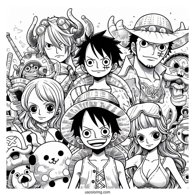 One Piece Coloring Page Of Luffy, Nico, Sanji, Zoro, Nami, Chopper, And Usopp
