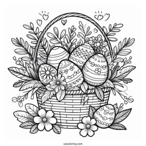 Easter Coloring Page Of Floral Happy Easter Basket With Eggs