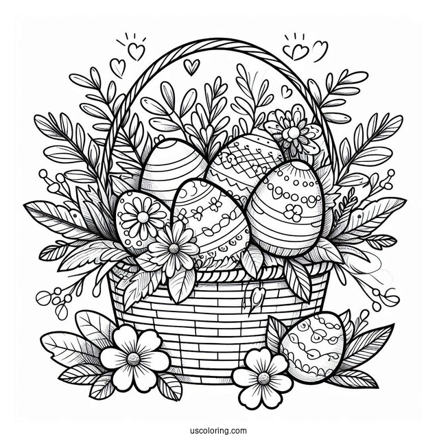 Easter Coloring Page Of Floral Happy Easter Basket With Eggs