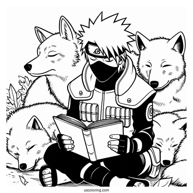 Kakashi Coloring Page Reading While Pakun And The Pack Sleeps Around Him
