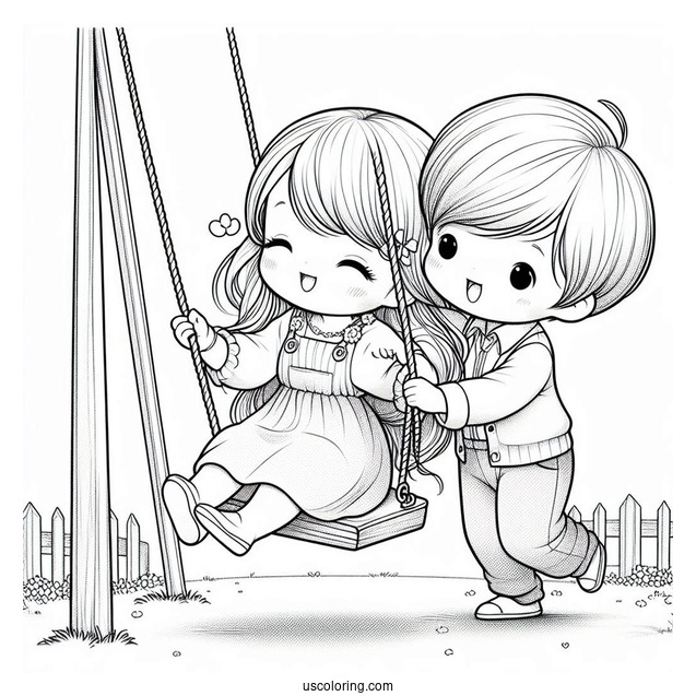 Simple Precious Moments Coloring Page Of Boy Pushing Girl On A Swing