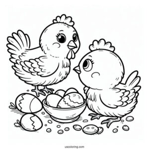 Two Cartoon Chickens Looking For Food