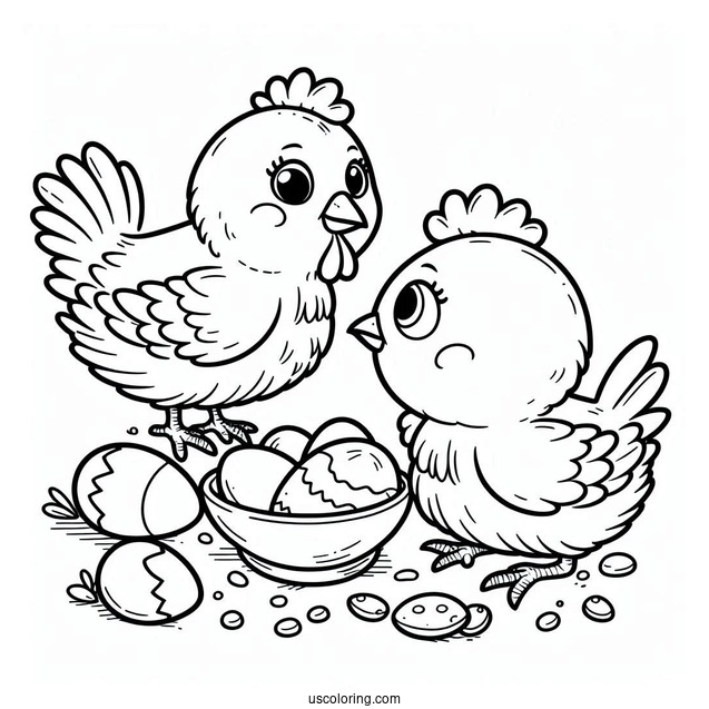 Two Cartoon Chickens Looking For Food