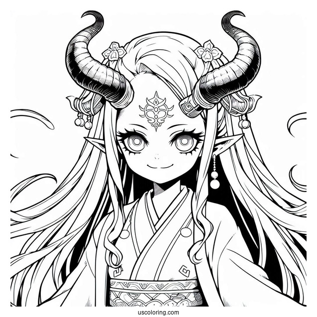 Demon Nezuko Coloring Page With Horn