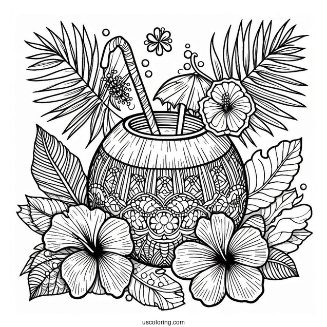 Summer Coloring Page Of Coconut Drink With Hibiscus Flower And Mandala