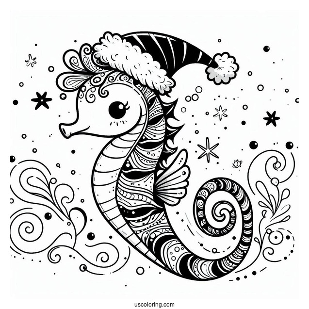Christmas Themed Seahorse To Color