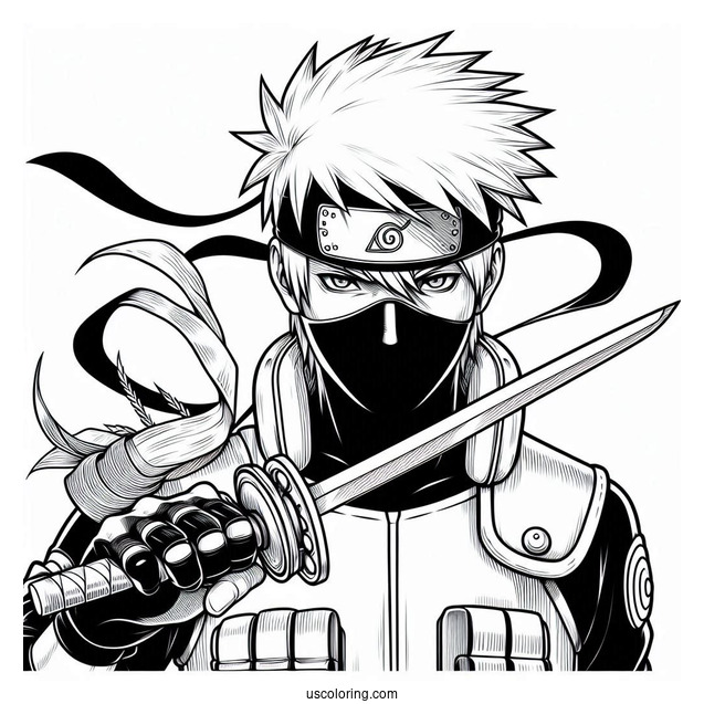 Detailed Hatake Kakashi Coloring Page Holding A Kunai
