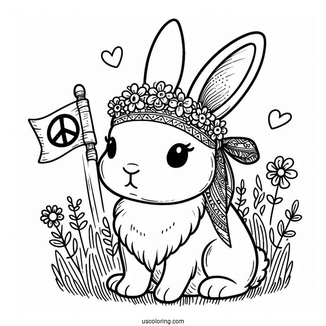 Hippie Rabbit Coloring Page With Peace Banner On Top