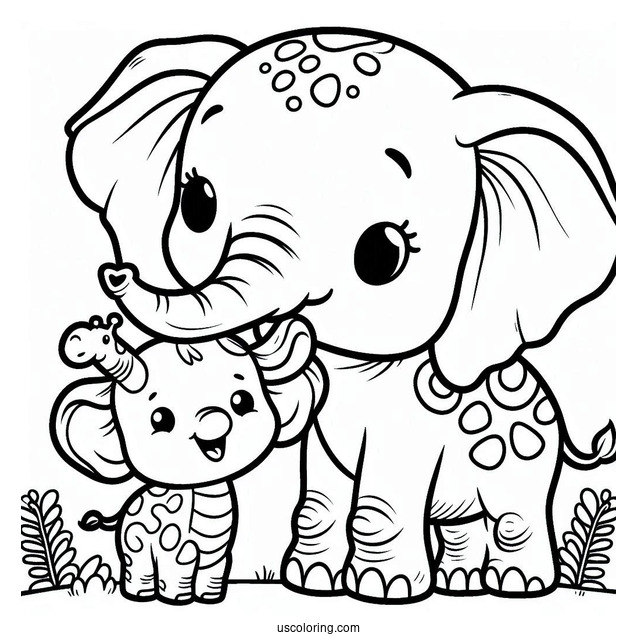 Cute Baby Elephant And Giraffe Coloring For Kids