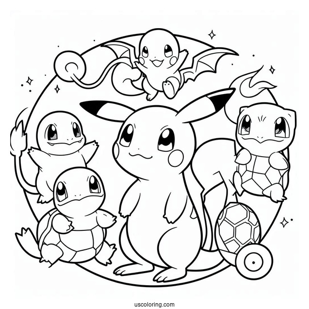 Pikachu, Charmander, Bulbasaur, Squirtle, And Mew Coloring Page In A Circle