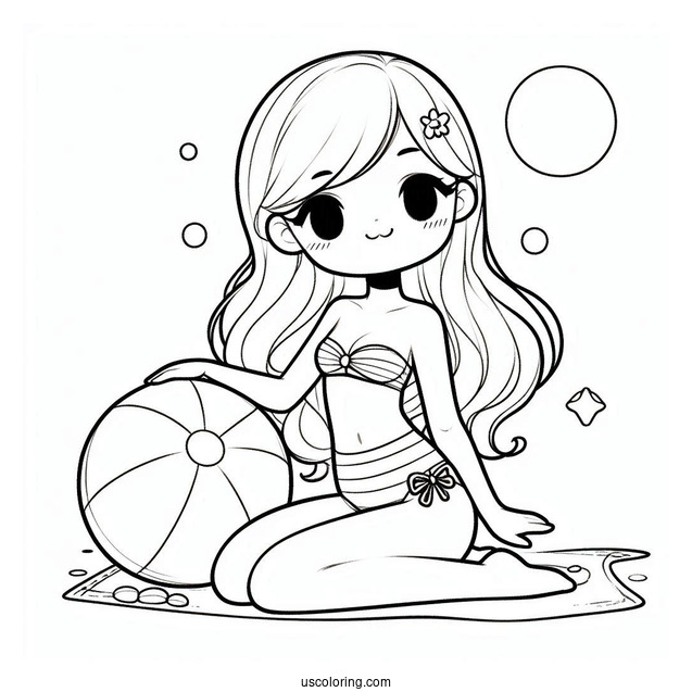 Simple Girl In Swimsuit With A Beach Ball Summer Coloring Page For Kids