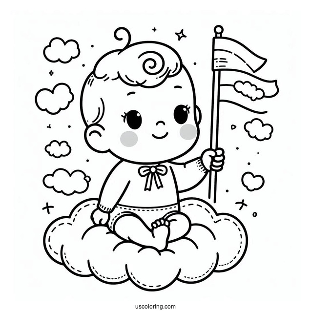 Baby Coloring Page Sitting On A Cloud Holding A Flag