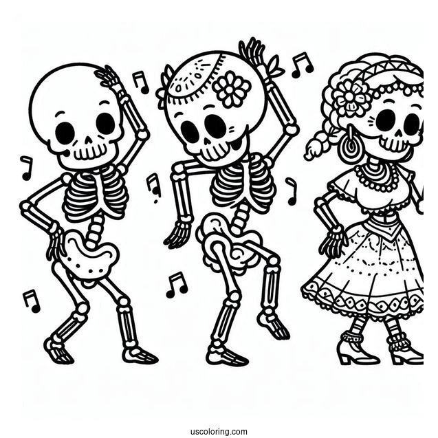Happy Skeleton Coloring Page Dancing For Kids