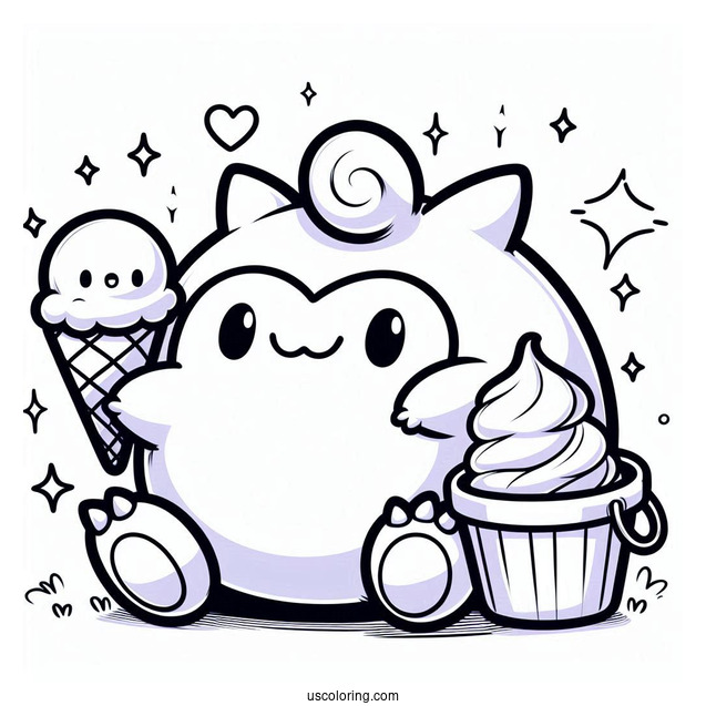 Kawaii Drifloon Bringing Ice Cream To Snorlax Coloring Page