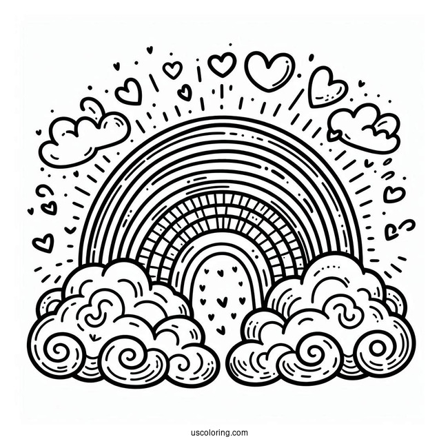 Rainbow Coloring Page With Love Heart Clouds