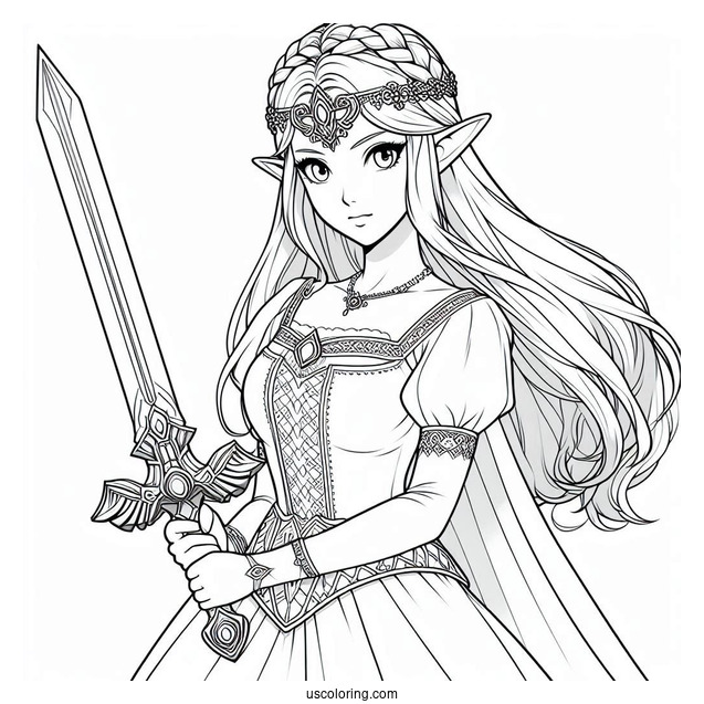 Princess Coloring Page Of Realistic Princess Zelda Holding Sword