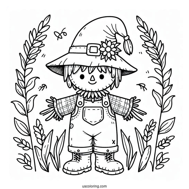 Cute Scarecrow Coloring Page With Hat And Overalls For Kids