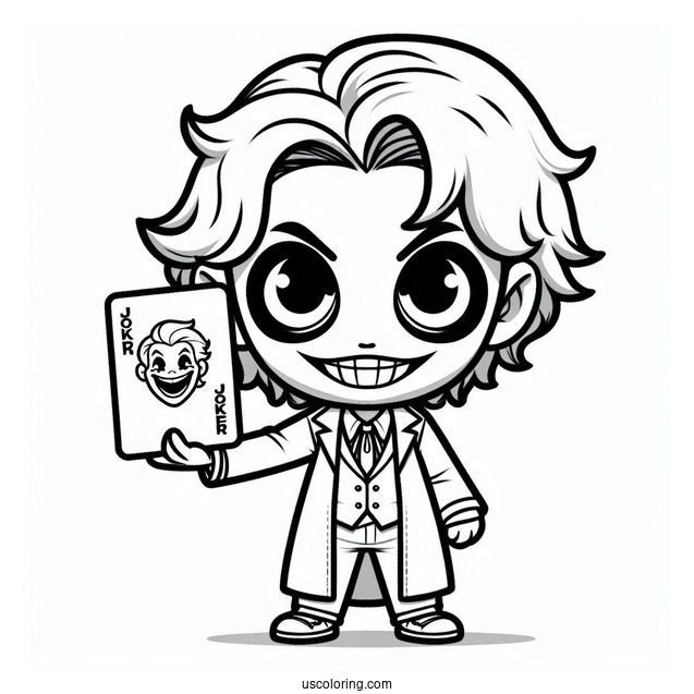 Evil Chibi Joker Coloring Page Holding Up A Joker Card For Kids