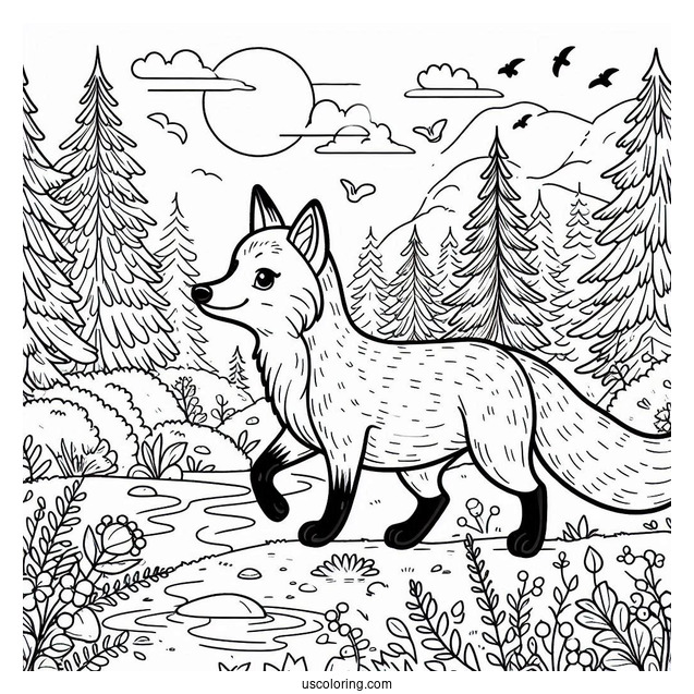 Fox Coloring Page Walking In The Forest