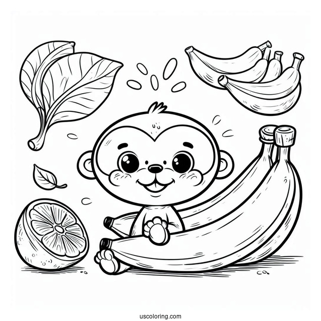 Cartoon Banana Coloring Page With A Monkey Friend