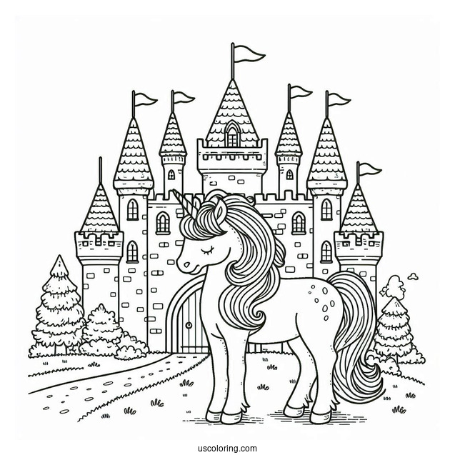 Beautiful Unicorn Standing Outside Of A Castle Coloring Page