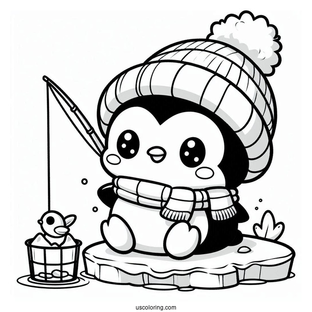 Chibi Coloring Page Penguin with Hat and Scarf Ice Fishing in Winter