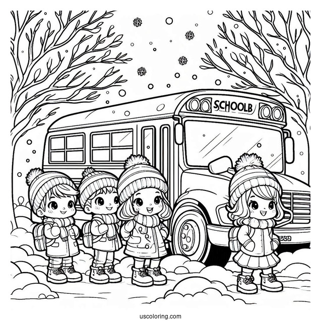 Cute Children Waiting For School Bus Coloring Page In The Snow