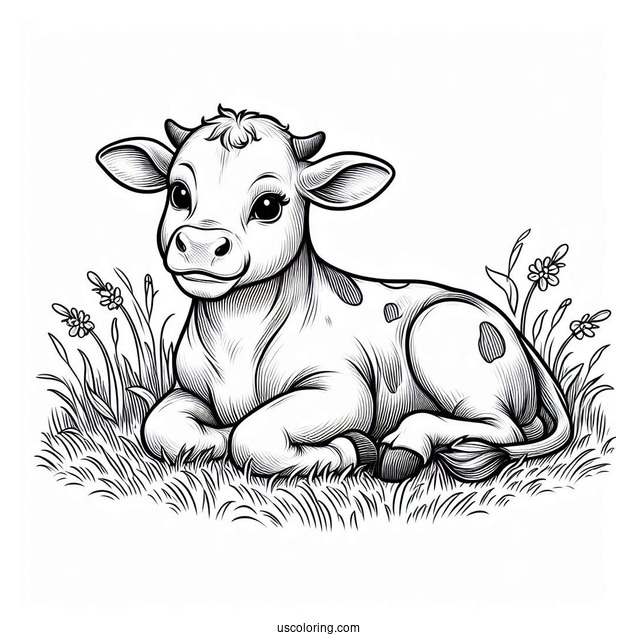 Baby Cow Resting In Grass Coloring Page