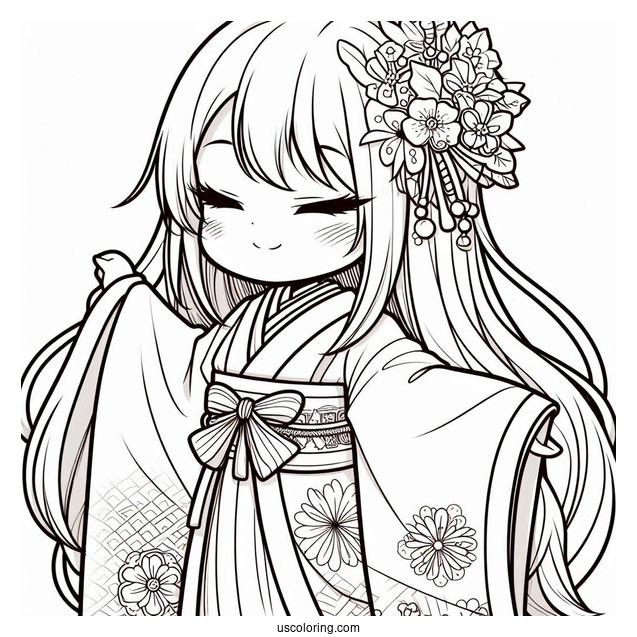 Beautiful Chibi Girl In A Kimono Coloring Page