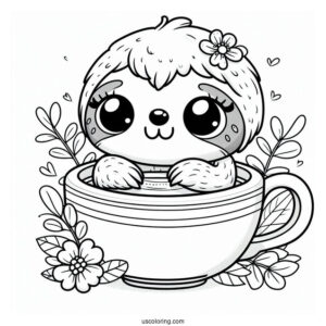 Kawaii Sloth Sitting In Teacup Coloring For Preschoolers