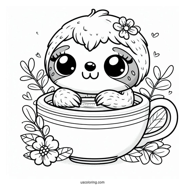 Kawaii Sloth Sitting In Teacup Coloring For Preschoolers