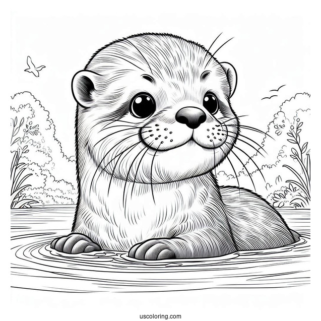 Realistic Otter Coloring Page Floating On River
