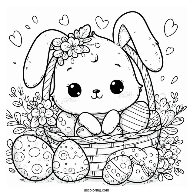 Baby Coloring Page With Bunny Ears In A Basket With Easter Eggs