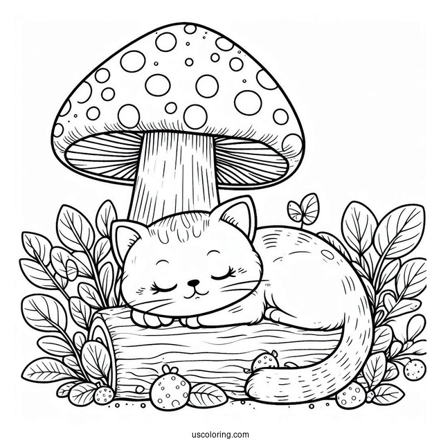 Cat Sleeping On Big Mushroom
