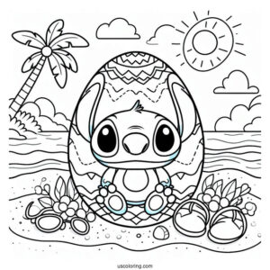 Stitch Easter Egg On A Beach Coloring Sheet
