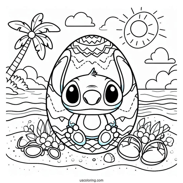 Stitch Easter Egg On A Beach Coloring Sheet