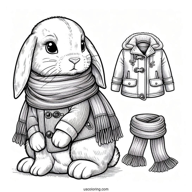 Realistic Rabbit Coloring Page Wearing A Scarf And Jacket