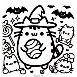 Pusheen With Halloween Candy Coloring Sheet