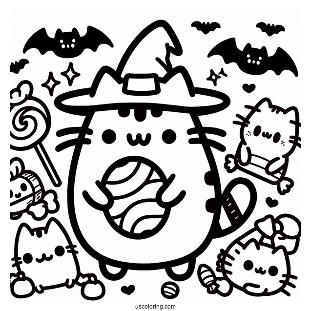Pusheen With Halloween Candy Coloring Sheet